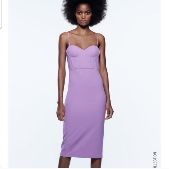 ZARA Corset Style Sheath Midi Dress with Sweetheart Neckline In Purple. Size MED - Picture 1 of 16